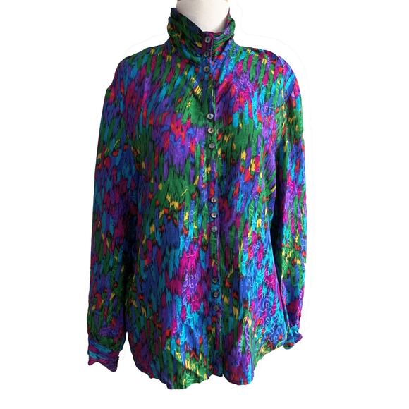 Galinda Silk Colorful Turtleneck Button Up Shirt Multi 100% Silk Long Sleeve - Picture 1 of 4